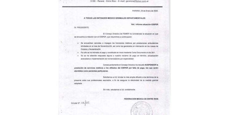 Grave conflicto entre FEMER y el IOSPER pone a más de 300.000 afiliados sin cobertura de servicios médicos