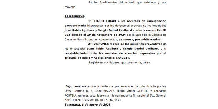 El Superior Tribunal de Justicia hizo lugar a los recursos de Juan Pablo Aguilera y Sergio Daniel Urribarri